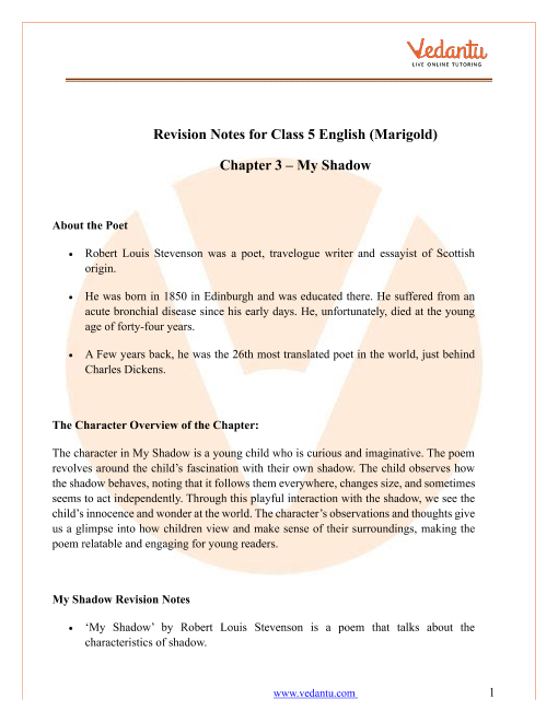 My Shadow Class 5 Notes CBSE English Chapter 3 [PDF]