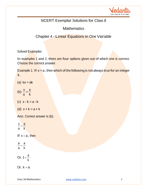 Class 8 Maths Linear Equations In One Variable Worksheet - Tessshebaylo