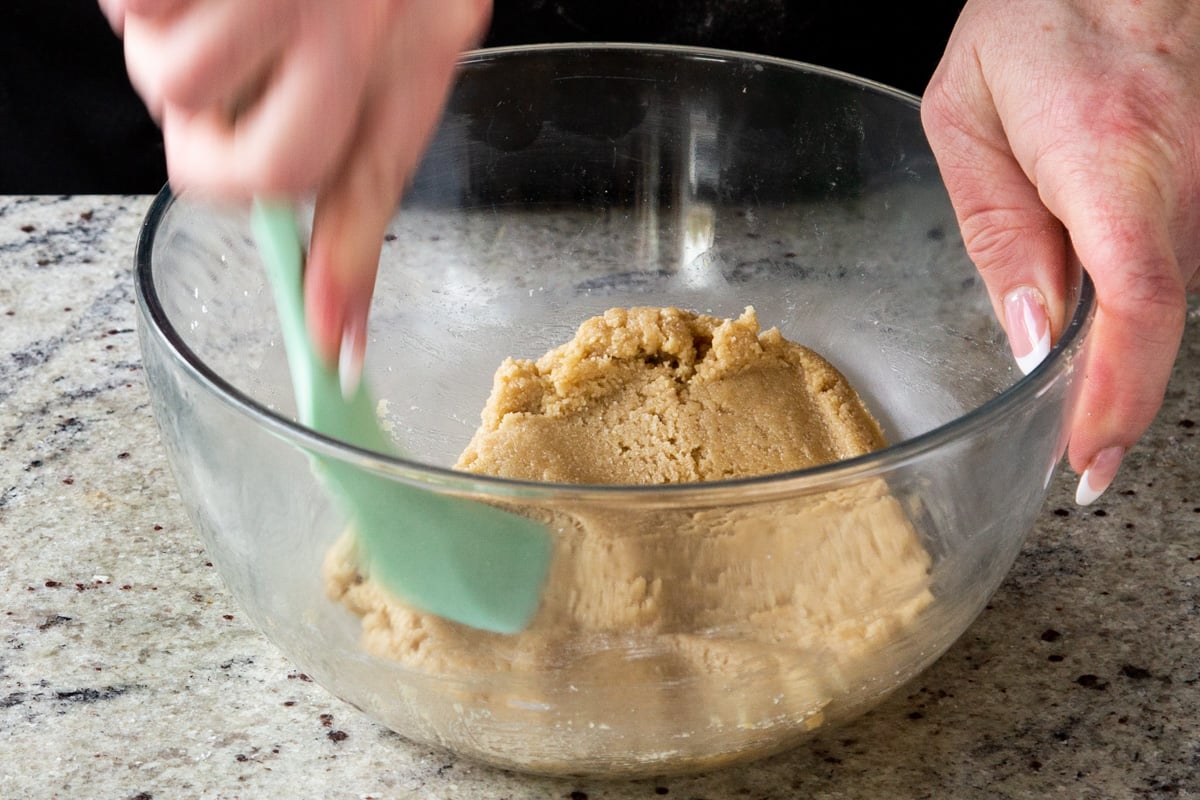 chocolate chip cookie ingredients in the bowl, after adding wet ingredients and mixing