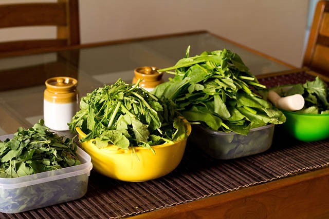 sarson-ka-saag1 prepped greens for sarson ka saag in bowls on a table.
