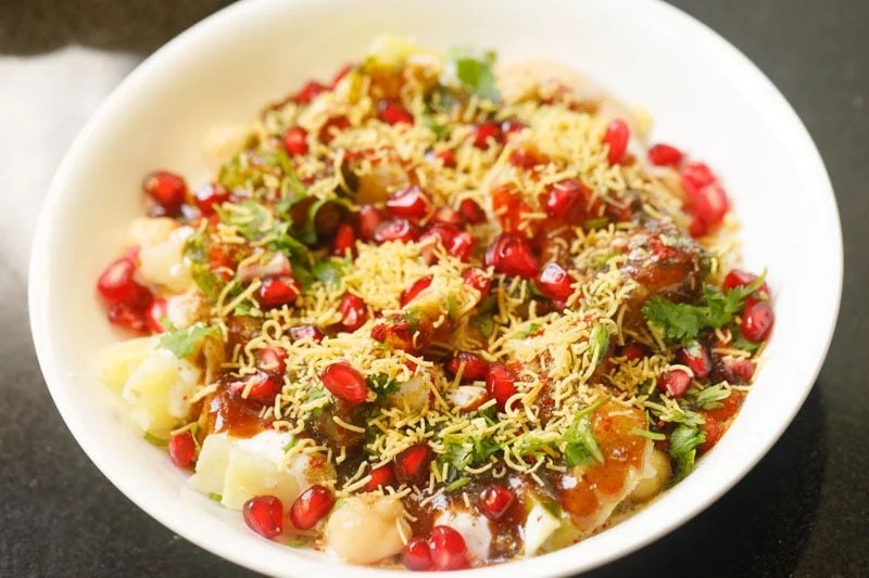 sev sprinkled on papdi chaat.