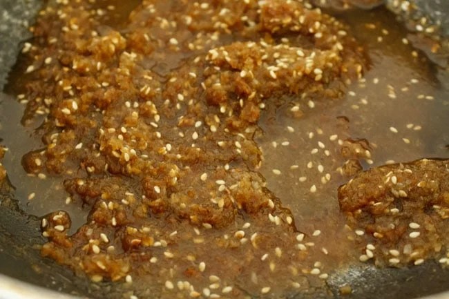 fried-modak6 liquid mixture of modak filling ingredients cooking in pan