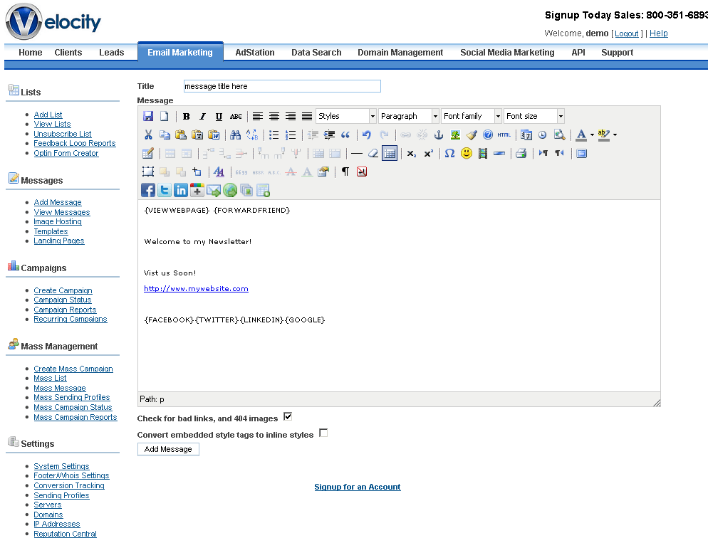 Velocity Software Email Marketing HTML Message Creator / Editor