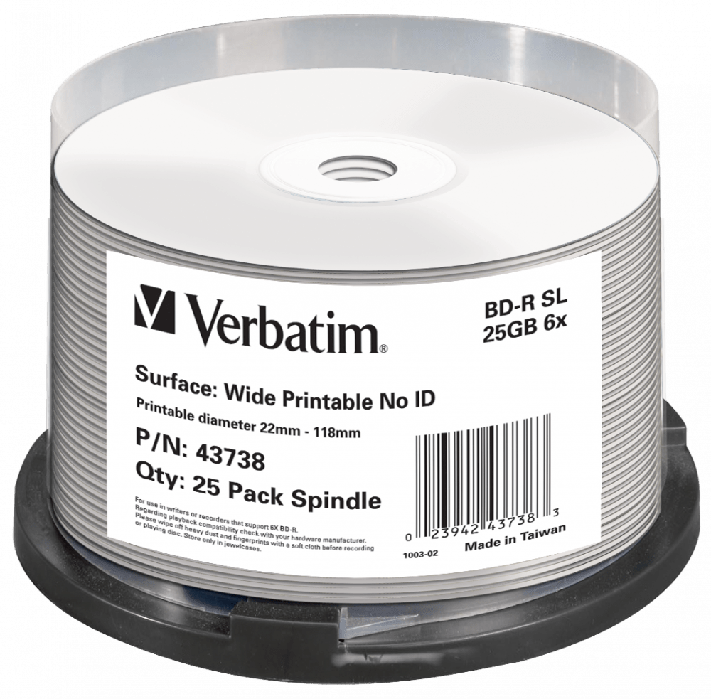 Buy BluRay BDR SL 25GB 6x Wide Printable 25 Pack Spindle Verbatim