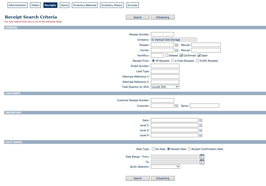 Customer Portal Receipts Vertical Cold Storage