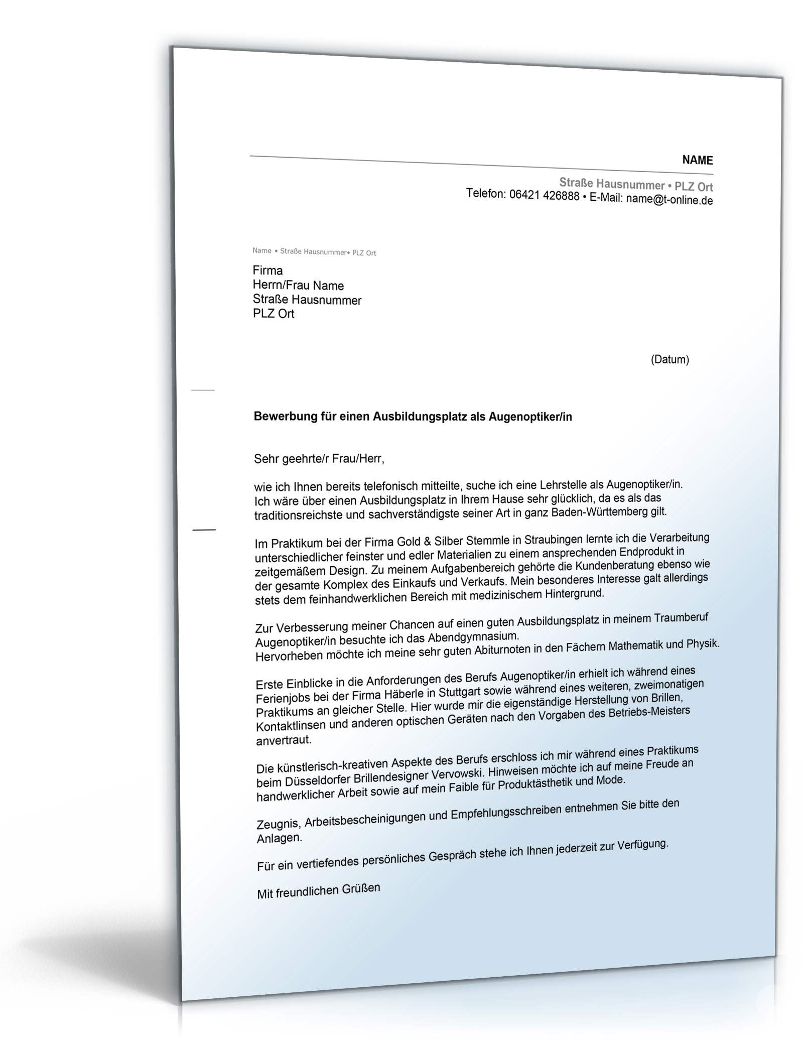 Anschreiben Bewerbung um einen Ausbildungsplatz (Optiker) ⋆