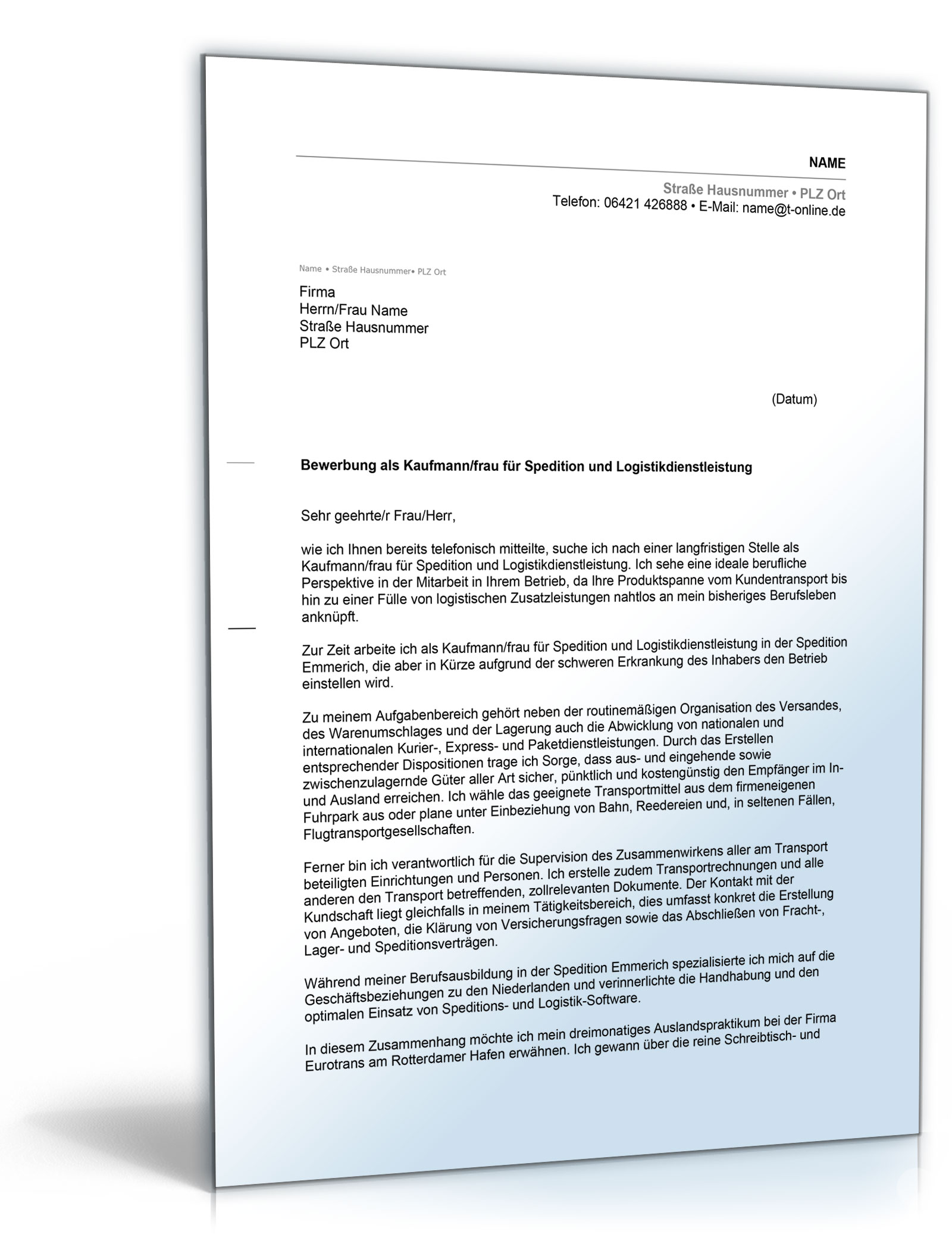 Anschreiben Bewerbung (Kaufmann für Spedition und Logistikdienstleistung) ⋆