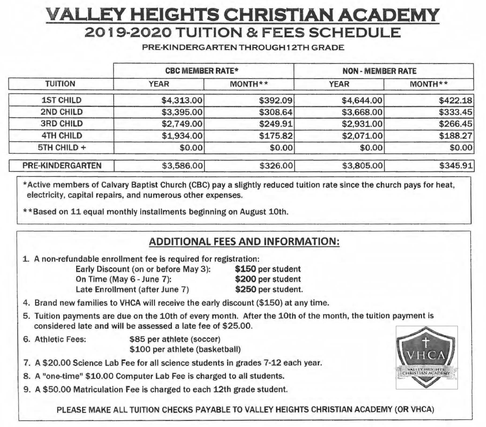 Tuition Schedule Valley Heights Christian Academy