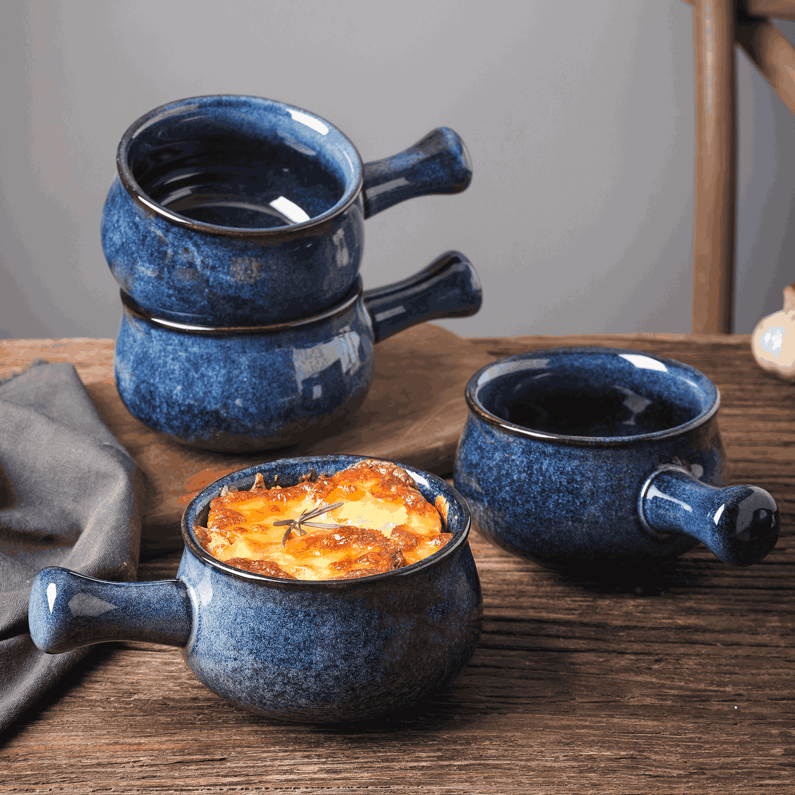 Blue French Onion Soup Bowls With Handles, 26 Ounce for Soup, Chili