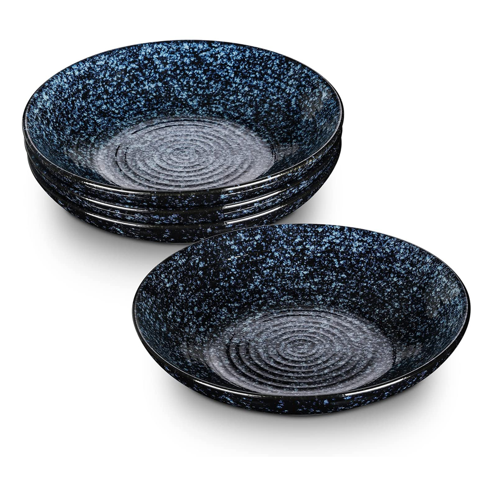 Blue Ripple Ceramic Pasta Bowls Set, 34 Ounce Large Salad Bowls, Wide