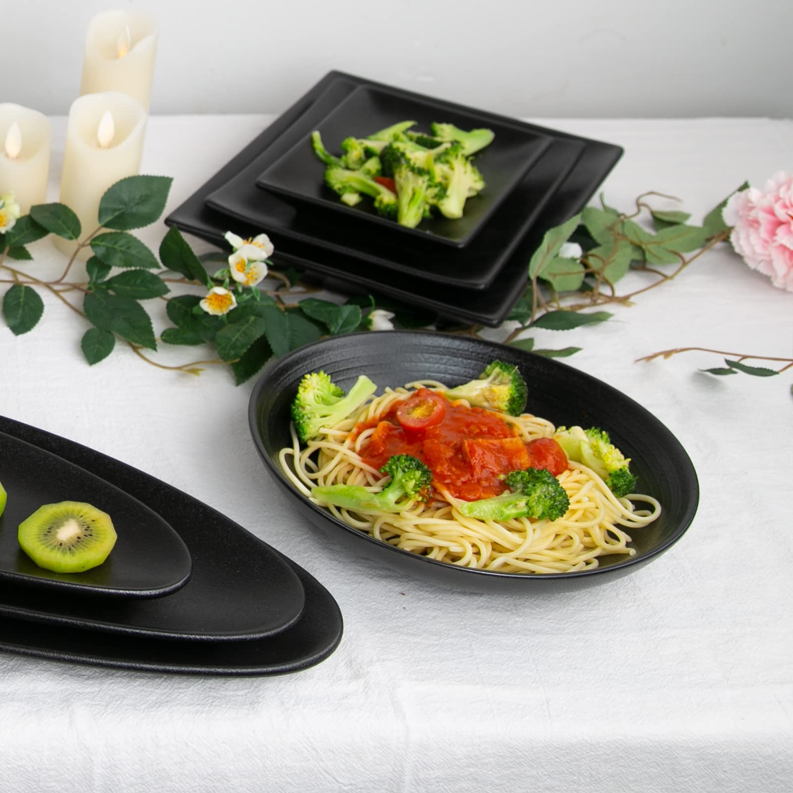 Vicrays Ceramic Serving Bowls Set 34 oz Pasta Bowls Large Ripple Salad Bowls, Wide and Shallow