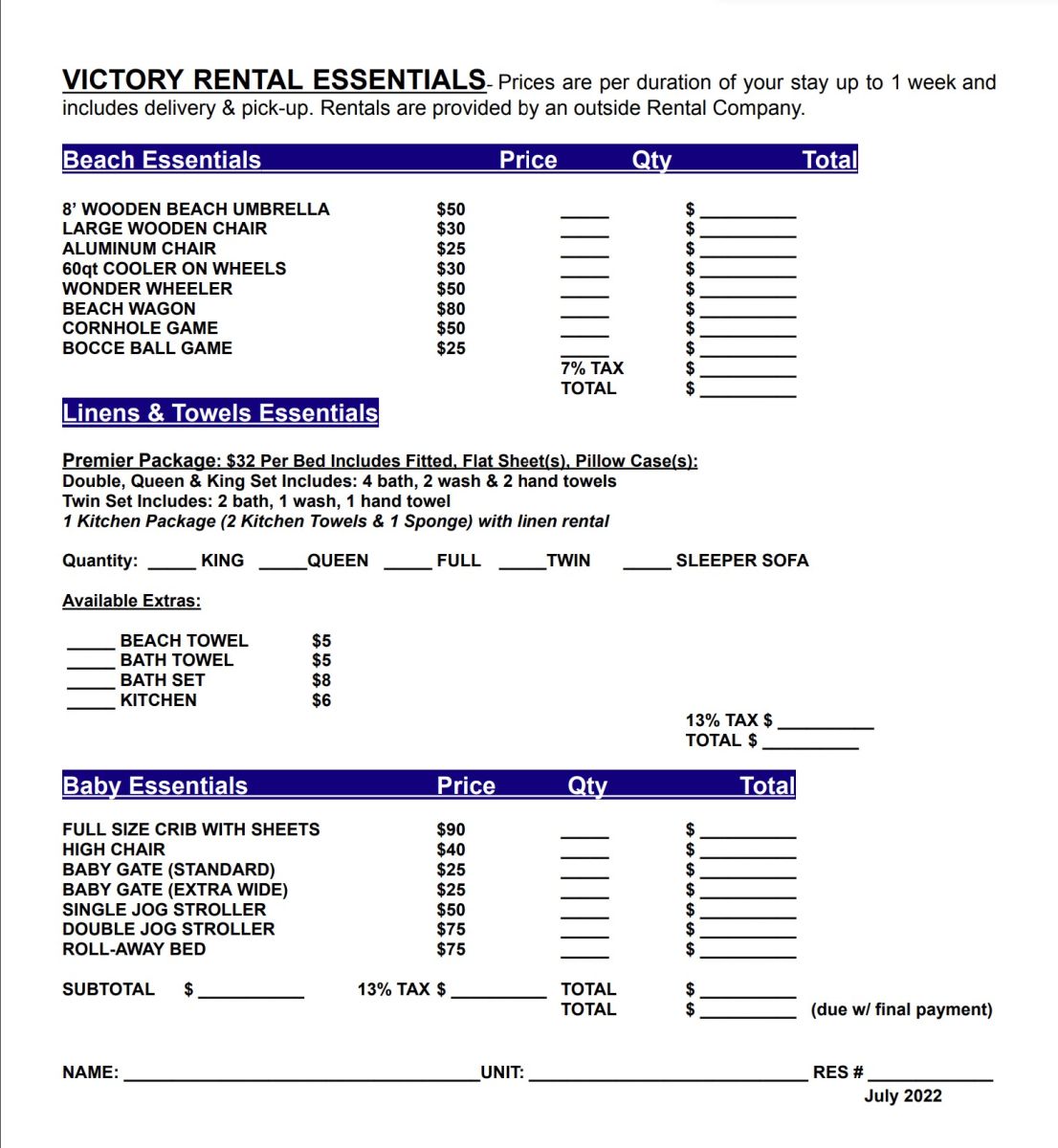 Carolina Beach Vacation Rental Linens and Equipment Victory Beach