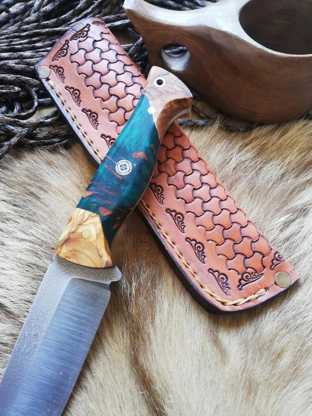 Handmade Knife Epoxy and Padauk Wood Handle, Natural Handmade Leather