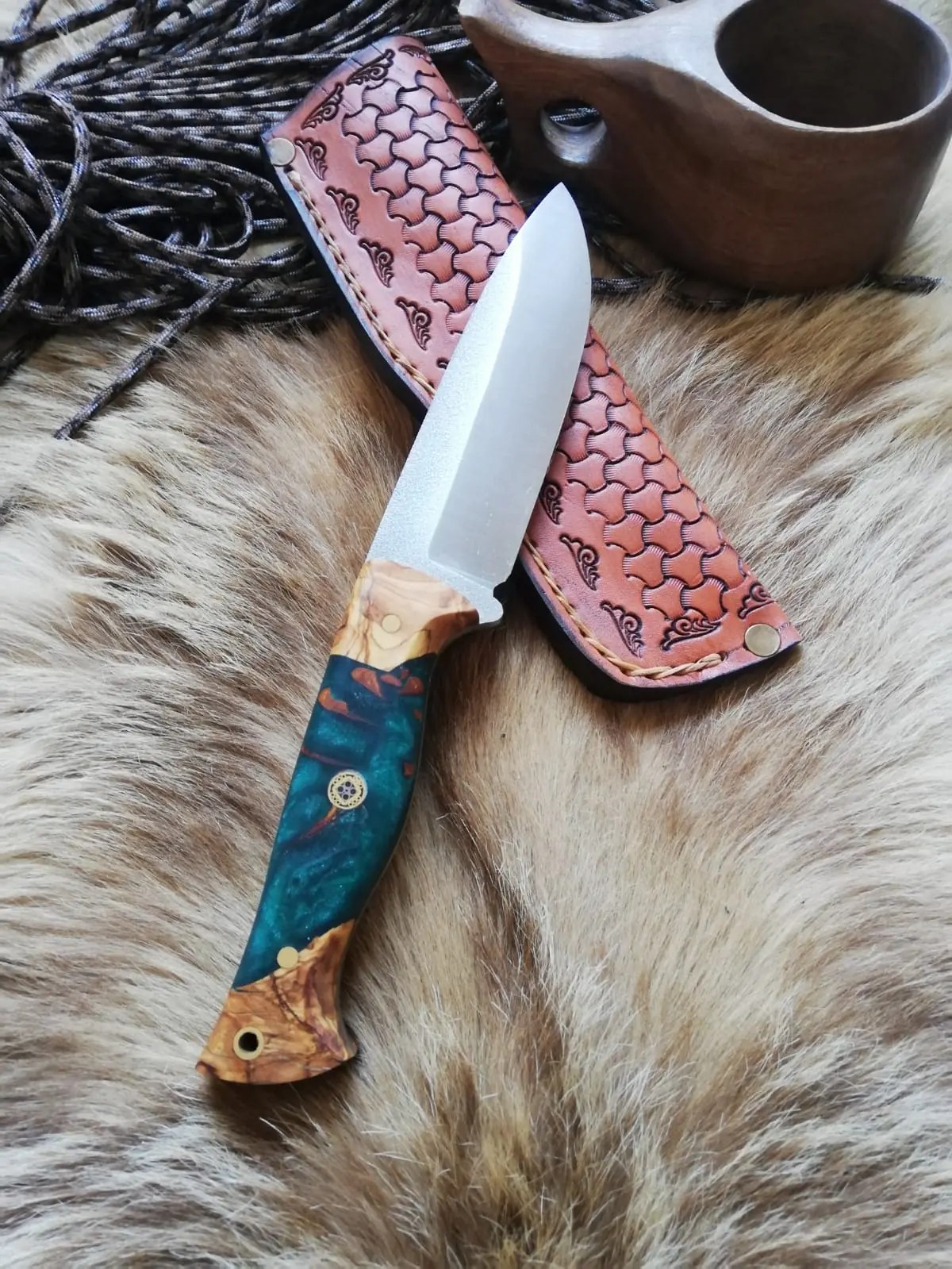 Handmade Knife Epoxy and Padauk Wood Handle, Natural Handmade Leather