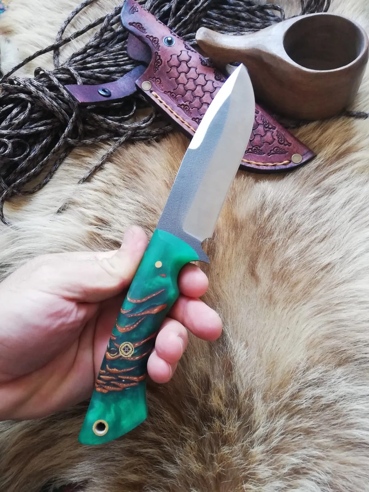 Handmade Knife Epoxy and Padauk Wood Handle, Natural Handmade Leather