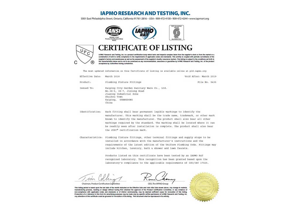 cUPC Certificate VIGA Faucet