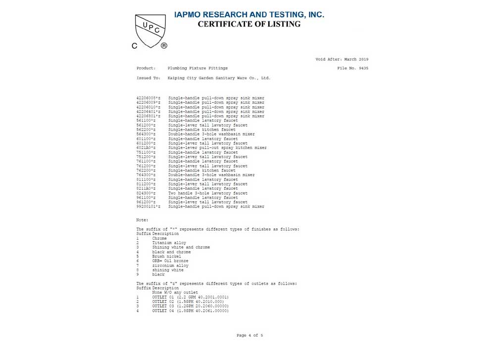 cUPC Certificate VIGA Faucet