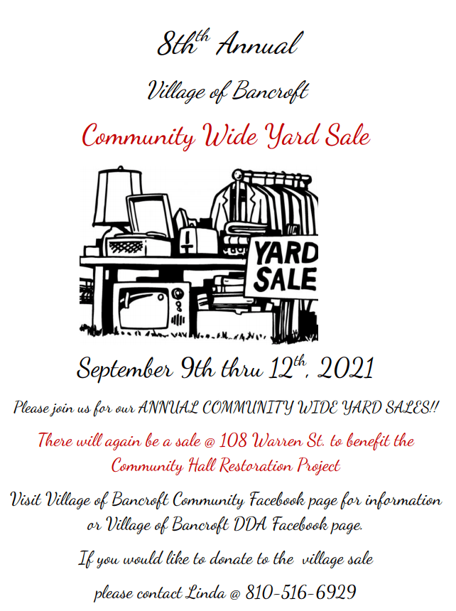 DDA Annual Yard Sale Village of Bancroft