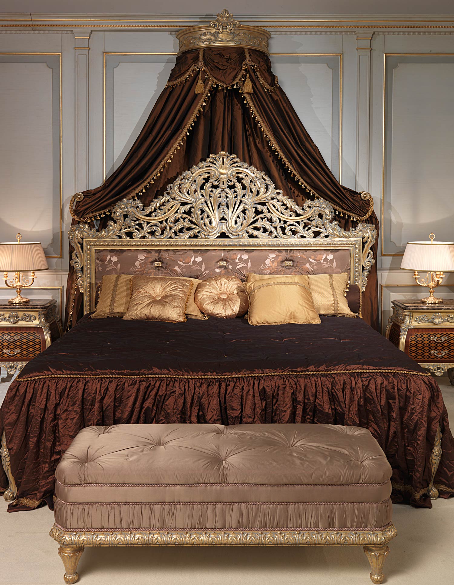 Emperador Gold in Louis XV bedroom with carved bed Vimercati Classic