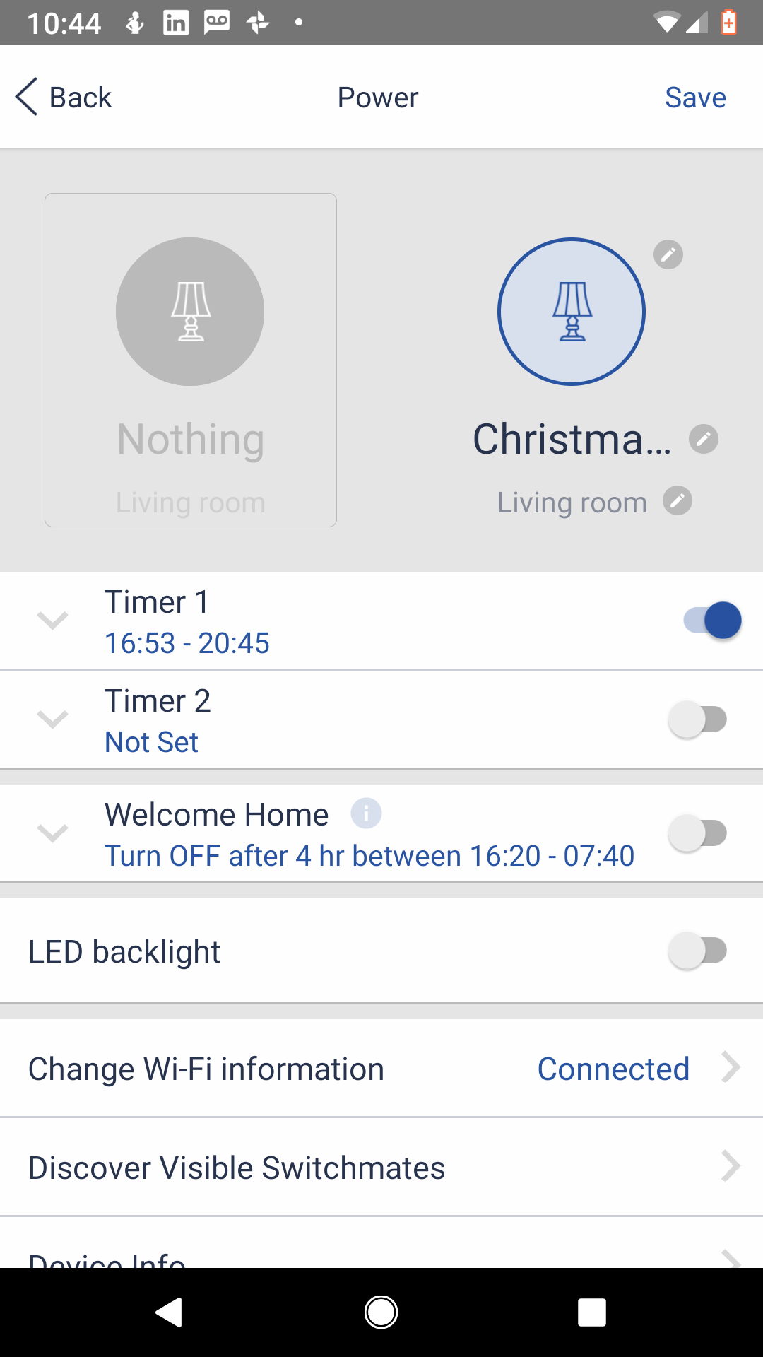 Screenshot of Swtichmate app in the settings mode.. The device is is working and is connected.