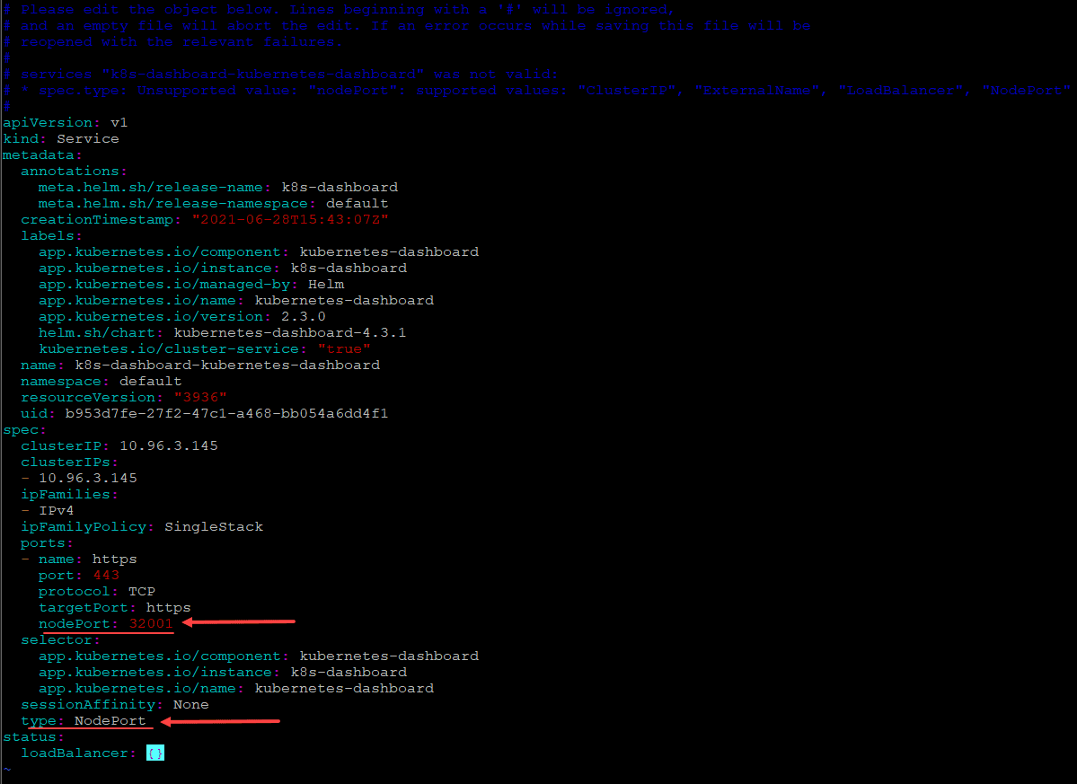 Dashboard Helm installation and configuration
