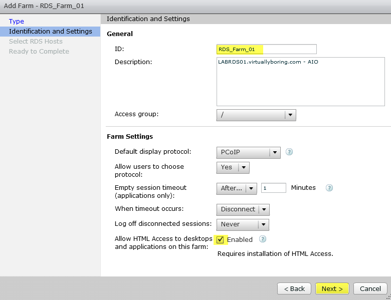 Add RDS Server to View 7 - 13 Add Farm Identification and Settings