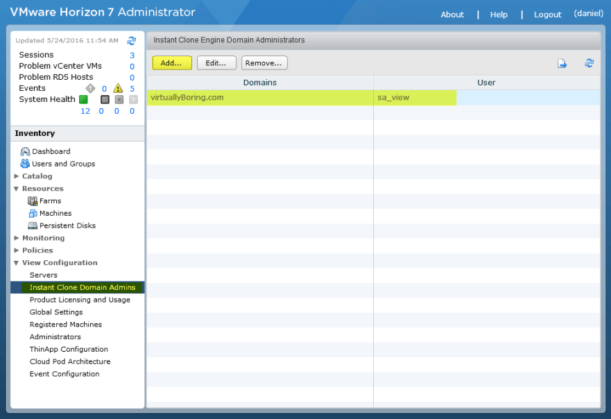 1 View Instant Clone - Add Domain Admin