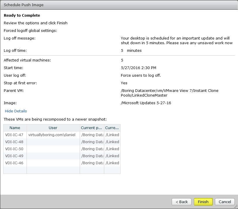 27 View Instant Clone - Schedule Push Image Confirm