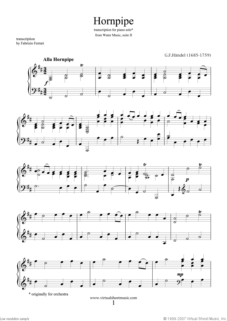 Handel Hornpipe from Water Music sheet music for piano solo
