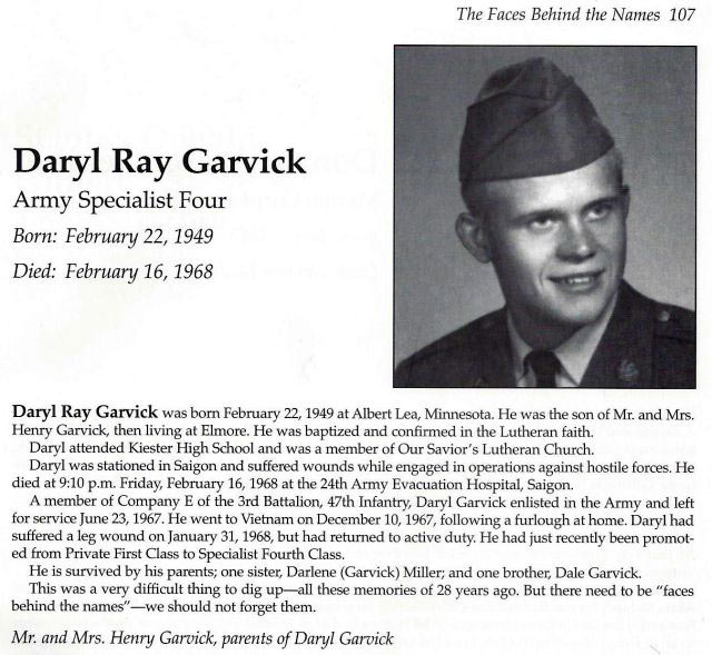 SP4 Deryl Ray Garvick, Kiester, MN on The Virtual Wall® Vietnam Veterans
