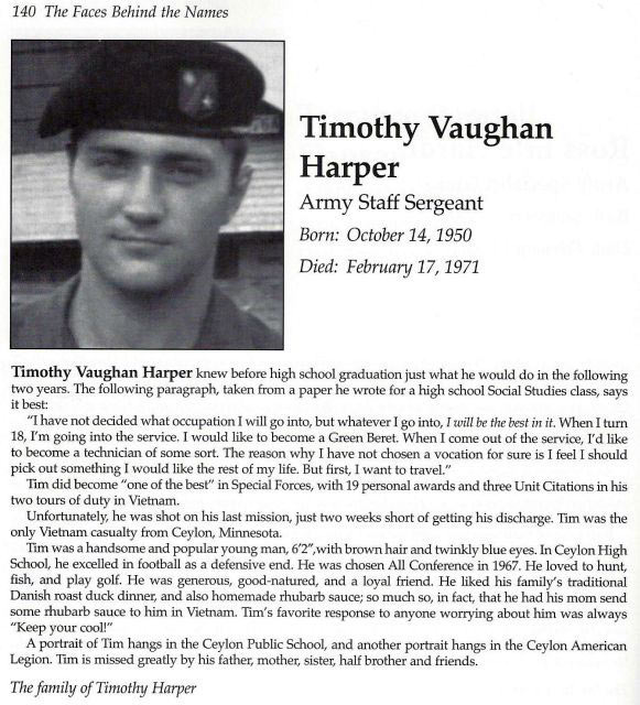 SSG Timothy Vaughn Harper, Ceylon, MN on The Virtual Wall® Vietnam Veterans