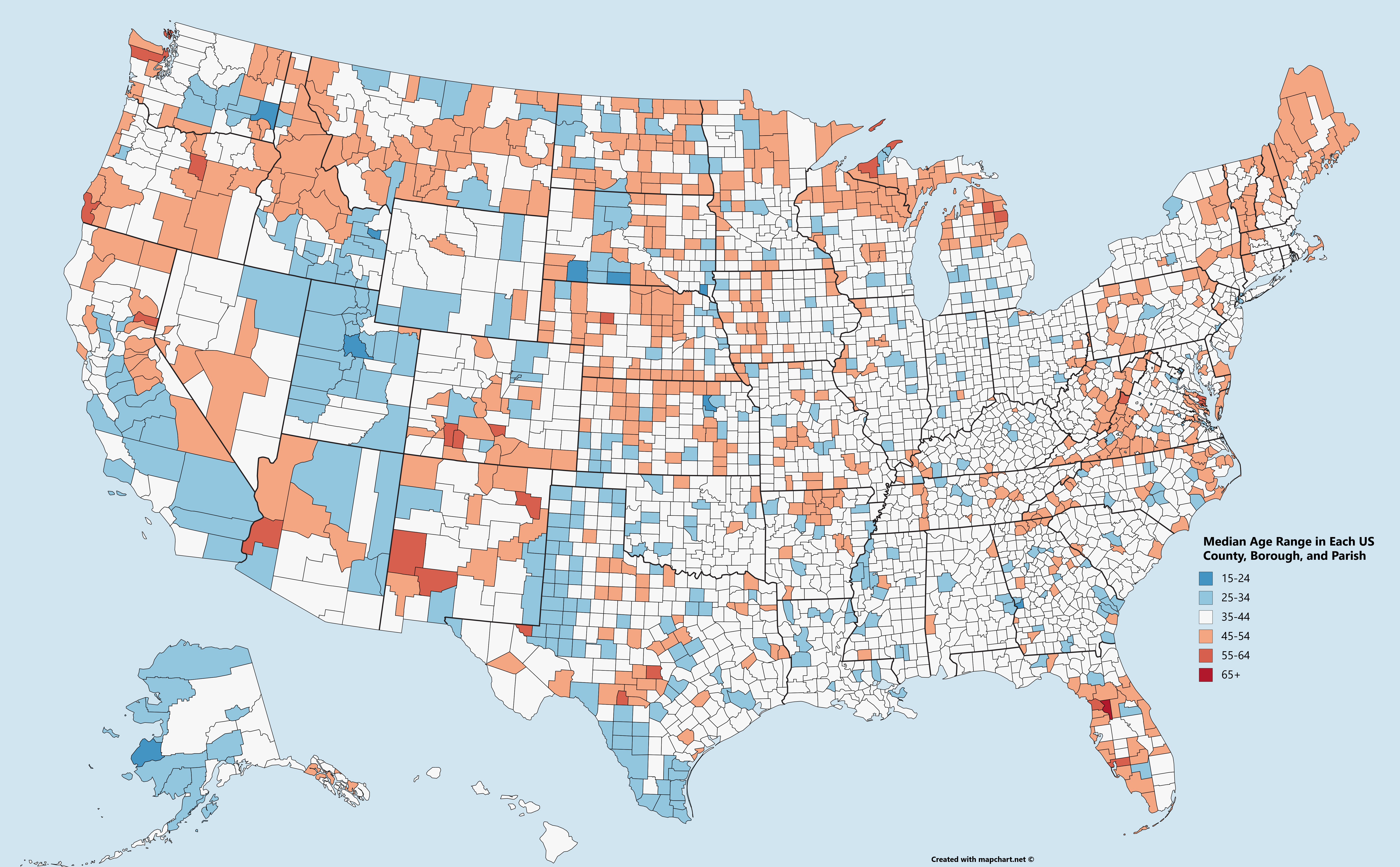 County Map Of Usa Mapped: The Median Age In Every U.s. County