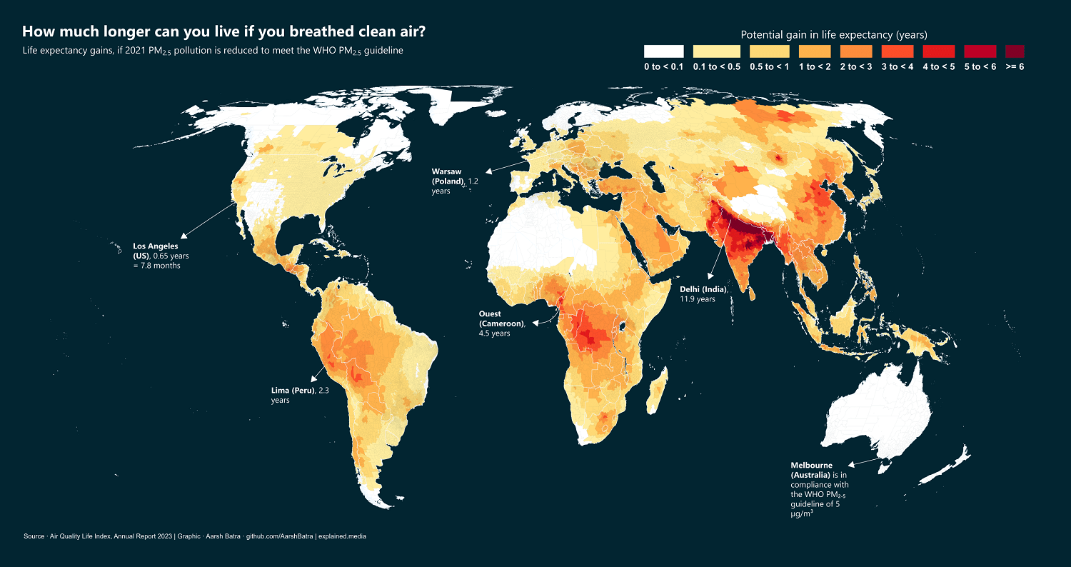 Mapped Life Expectancy Gains From Breathing Cleaner Air AQLI
