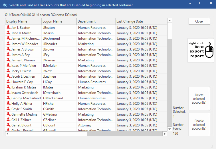 Report on Active Directory User Accounts and Attributes