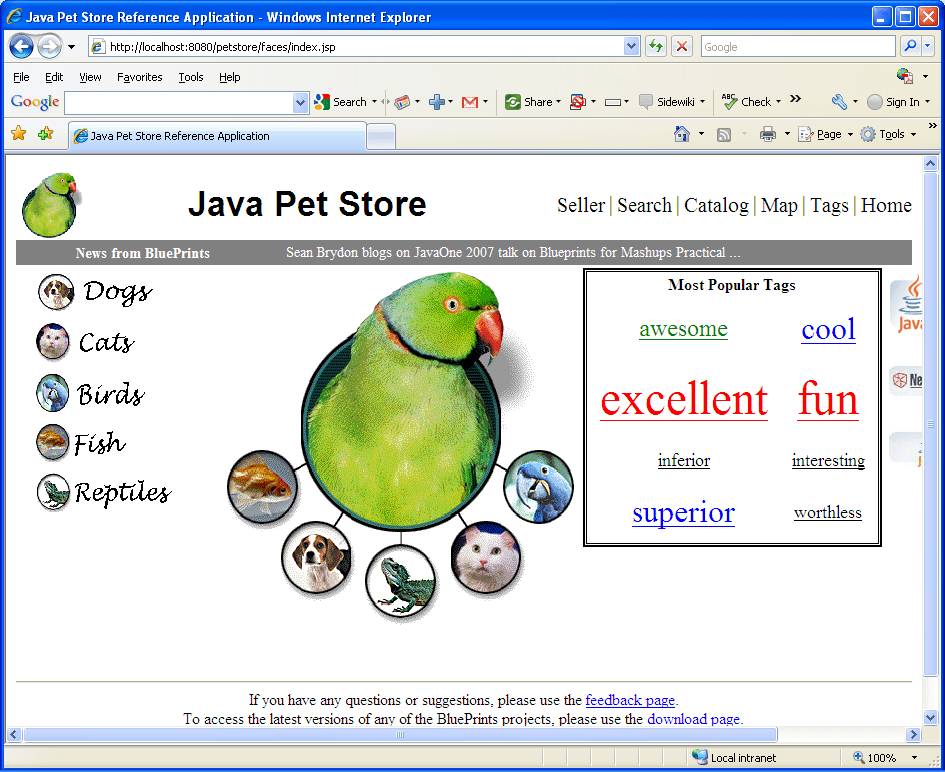 A very nice pets seen in browser for Java Pet Store demo example