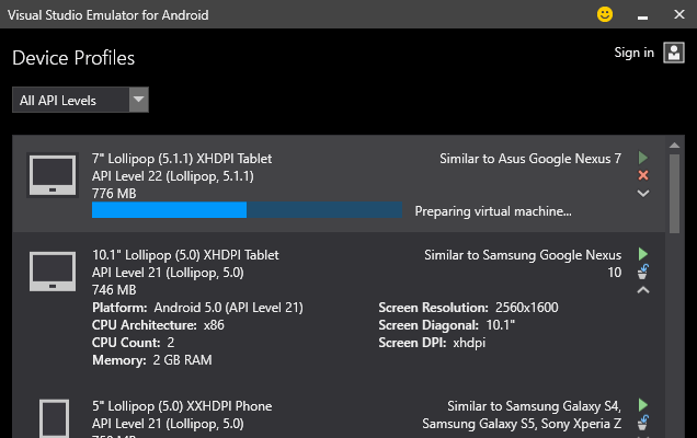 Emulator for Android Apps Visual Studio