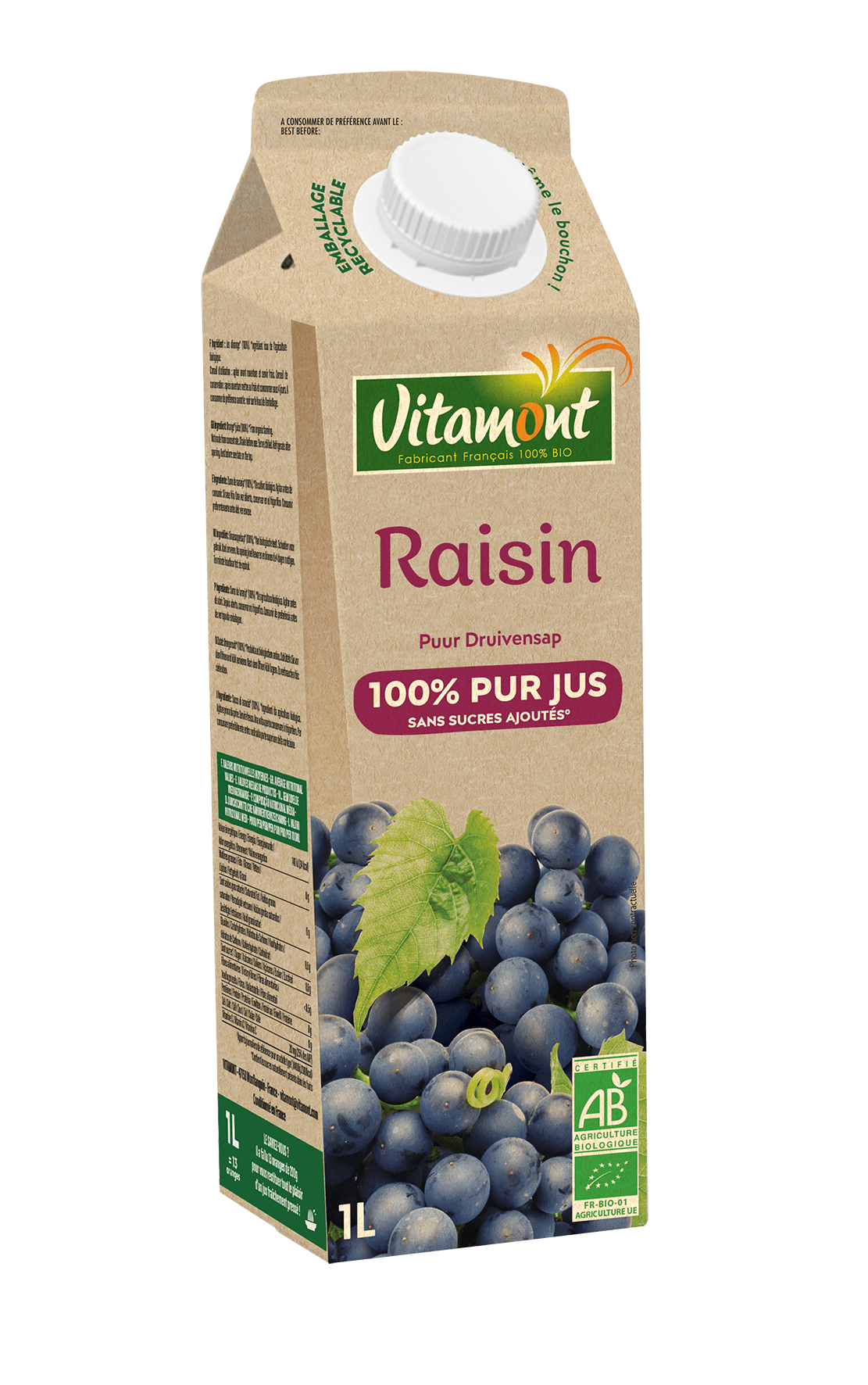 Pur jus de raisin bio 1L Briques 1L Vitamont