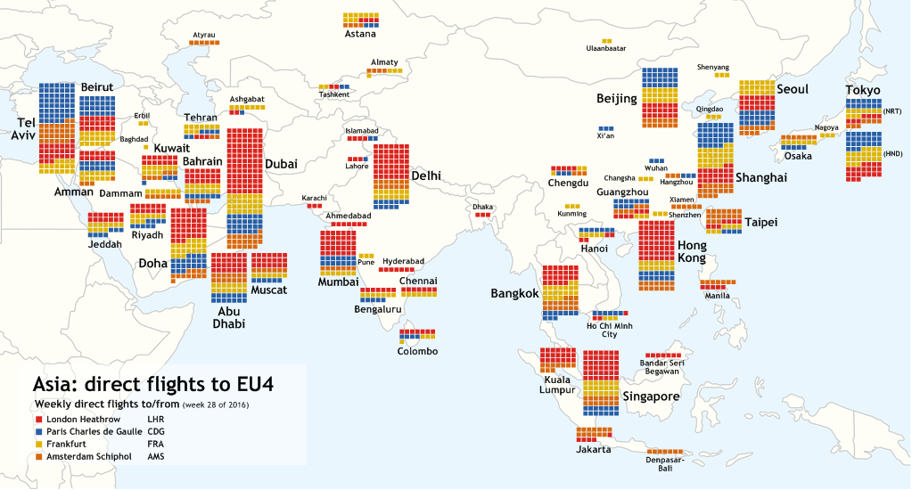 Direct flights to Asia from the four largest European airports Vivid Maps