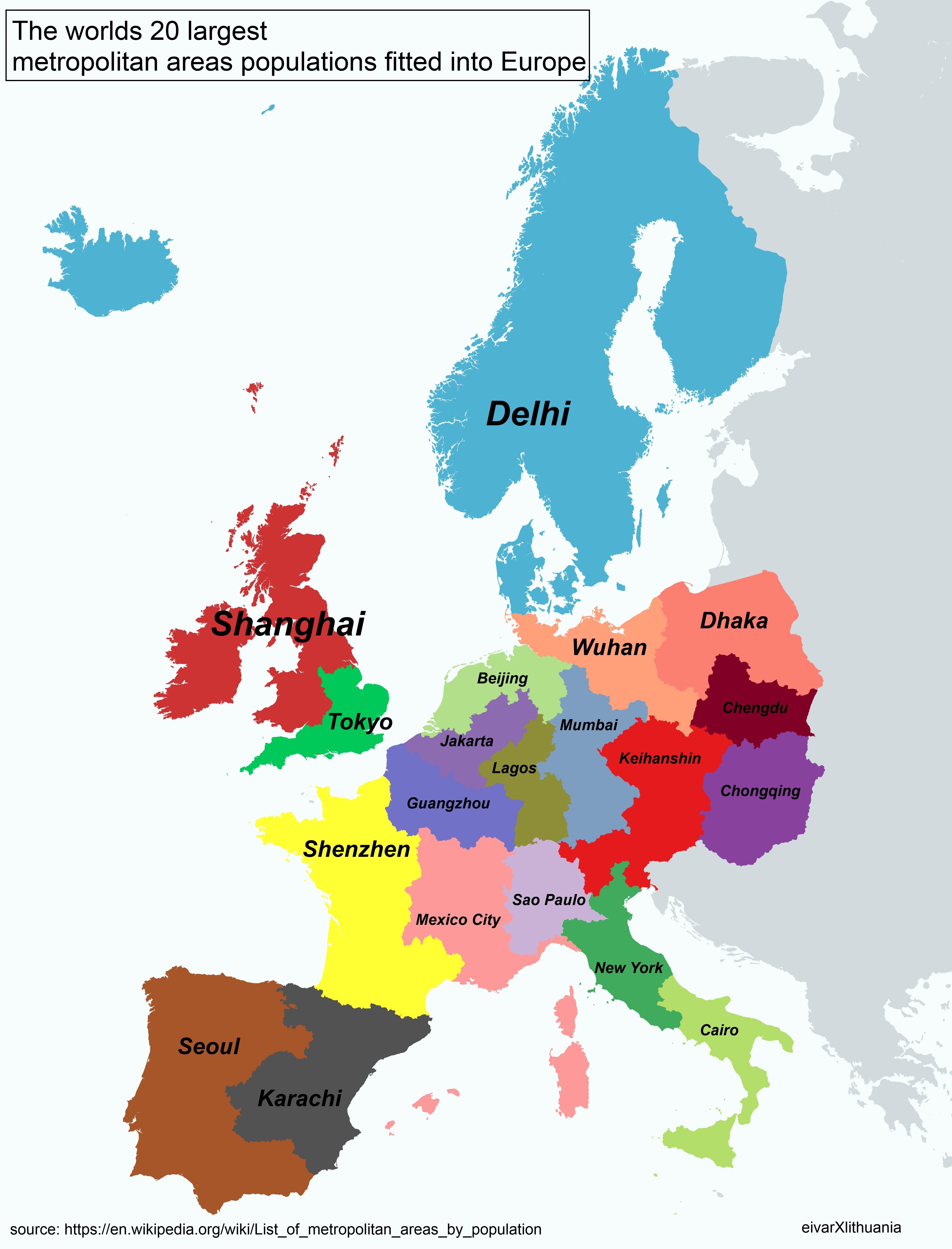 The worlds 20 largest urban populations fitted into Europe Vivid Maps