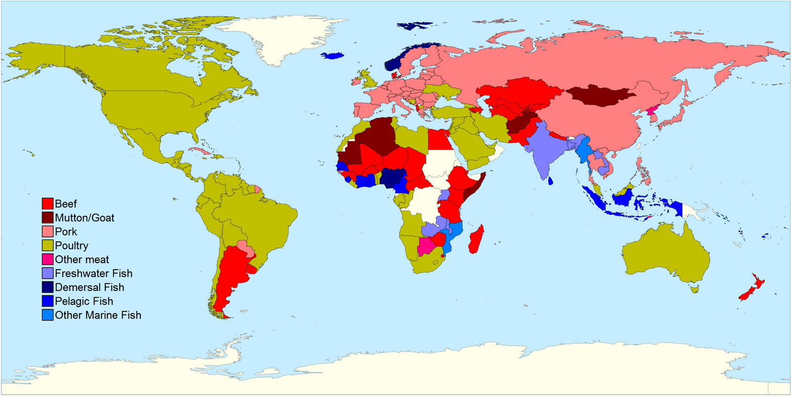 Most consumed type of meat (or fish) by country Vivid Maps