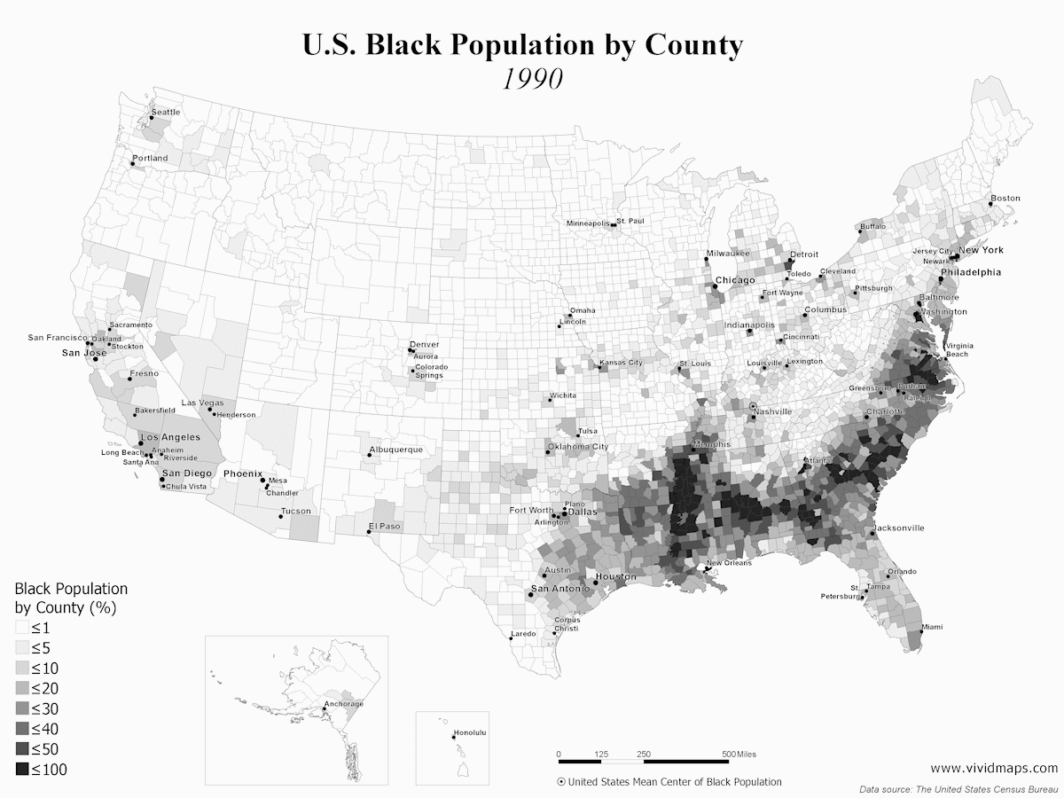 Black Population In United States Map U.S. Black Population by County (1990 2017) Vivid Maps