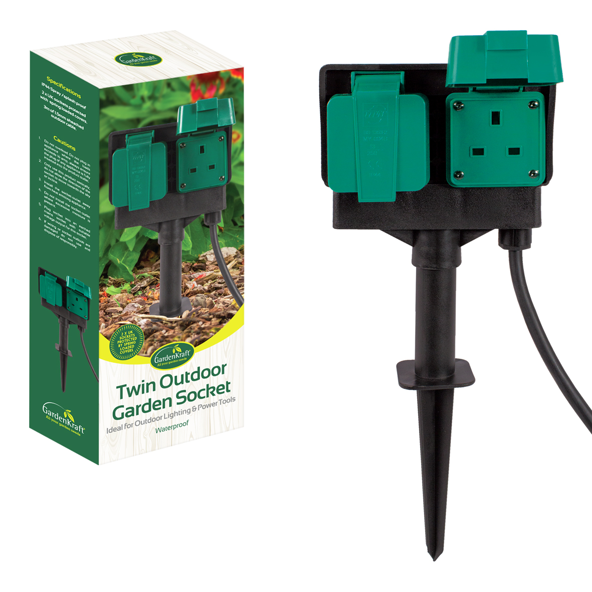 Outdoor Garden Sockets 3m Cable Extension IP44 Z Twin Sockets Spike