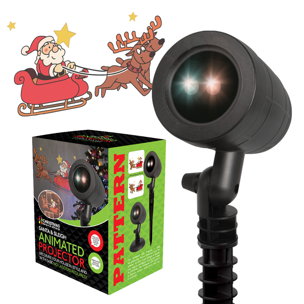 Animated LED Projector Santa On A Sleigh Christmas Light Set Xmas