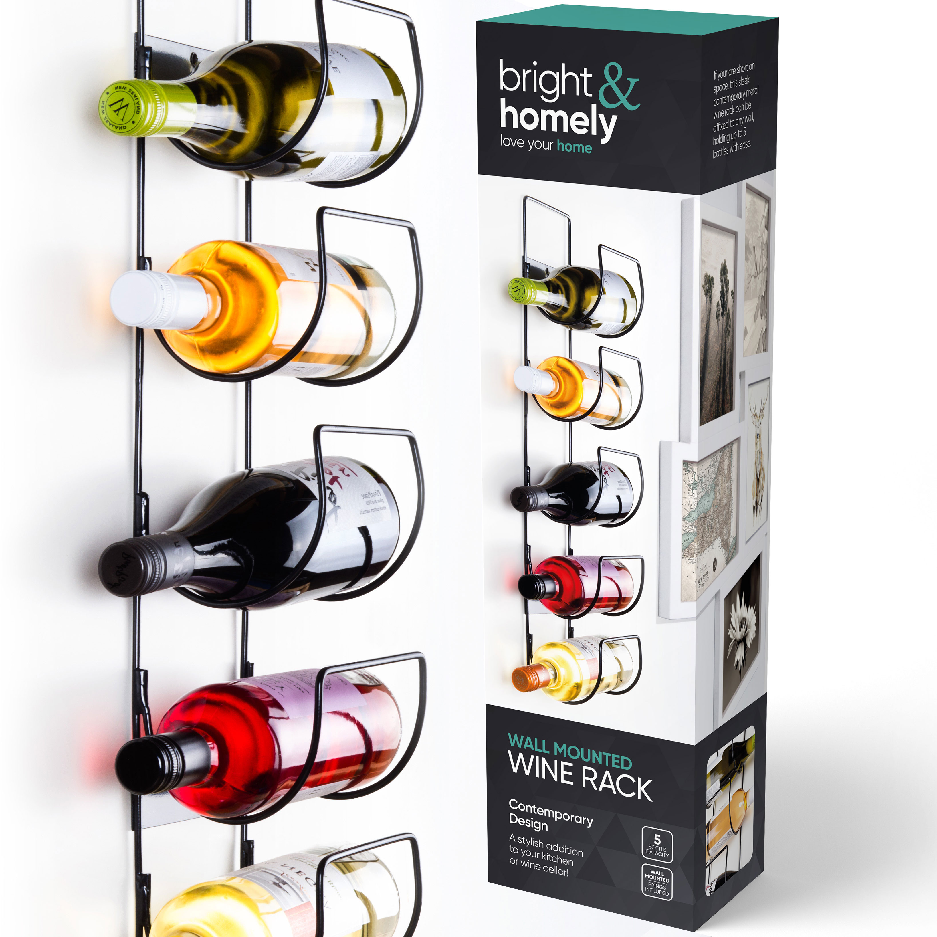5 Bottle Wine Rack Black Metal Wall Mounted Storage Holder