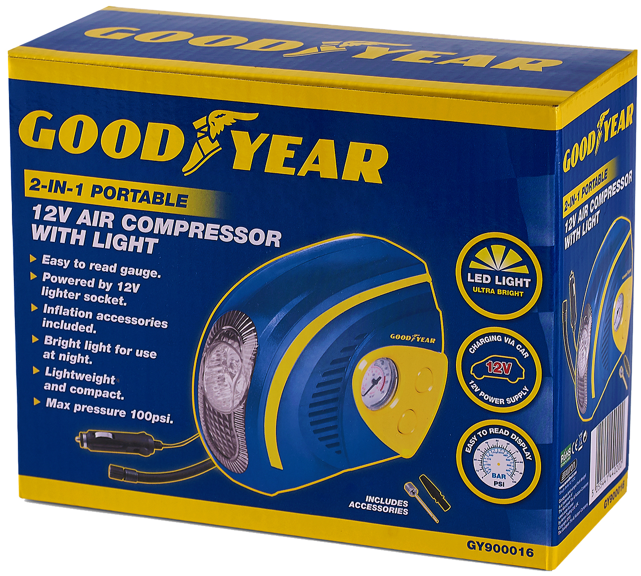 Goodyear 2 in 1 Tyre Air Compressor Inflator With LED Light Car Bike