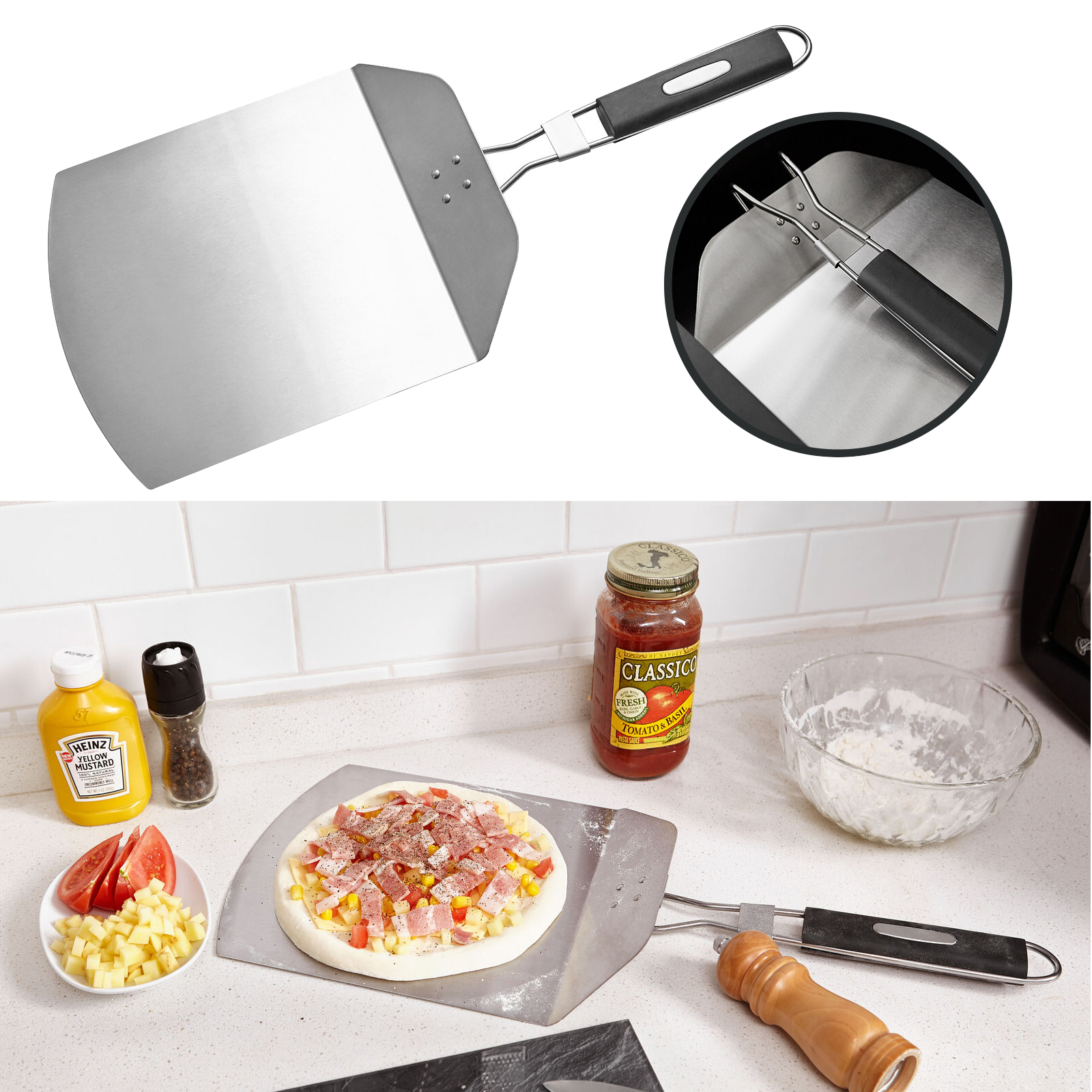 Folding Pizza Peel Spatula Long Handle Turning Super Smooth Paddle Non