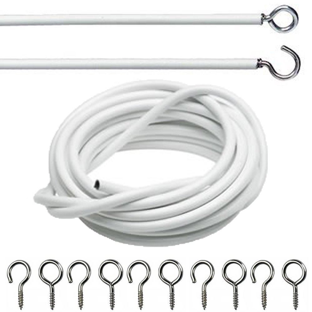 4m White Net Curtain Wire Cord Cable with Hooks and Eyes