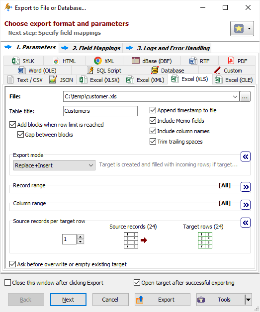 Excel (XLS) Export Format Exportizer Documentation