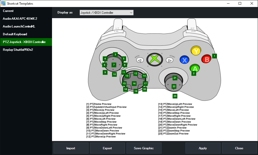 PTZ control using shortcuts and joysticks