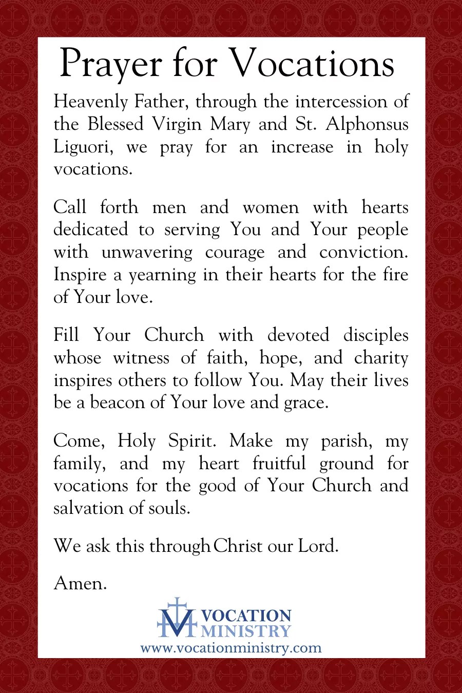 Prayer Card Saint Alphonsus Liguori Prayer for Vocations (Pack of 50